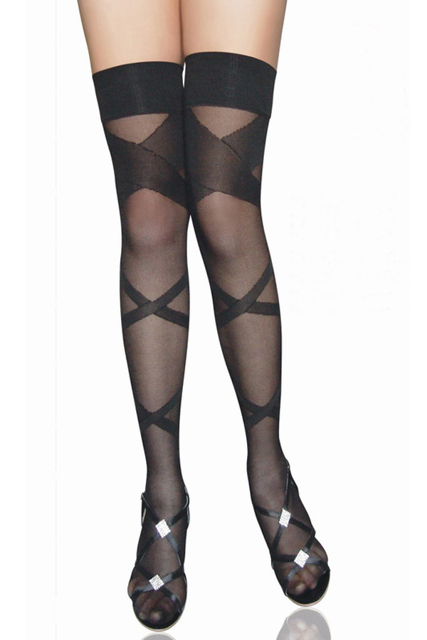 Accessory Black Criss-cross Print Thigh High Stockings - Click Image to Close